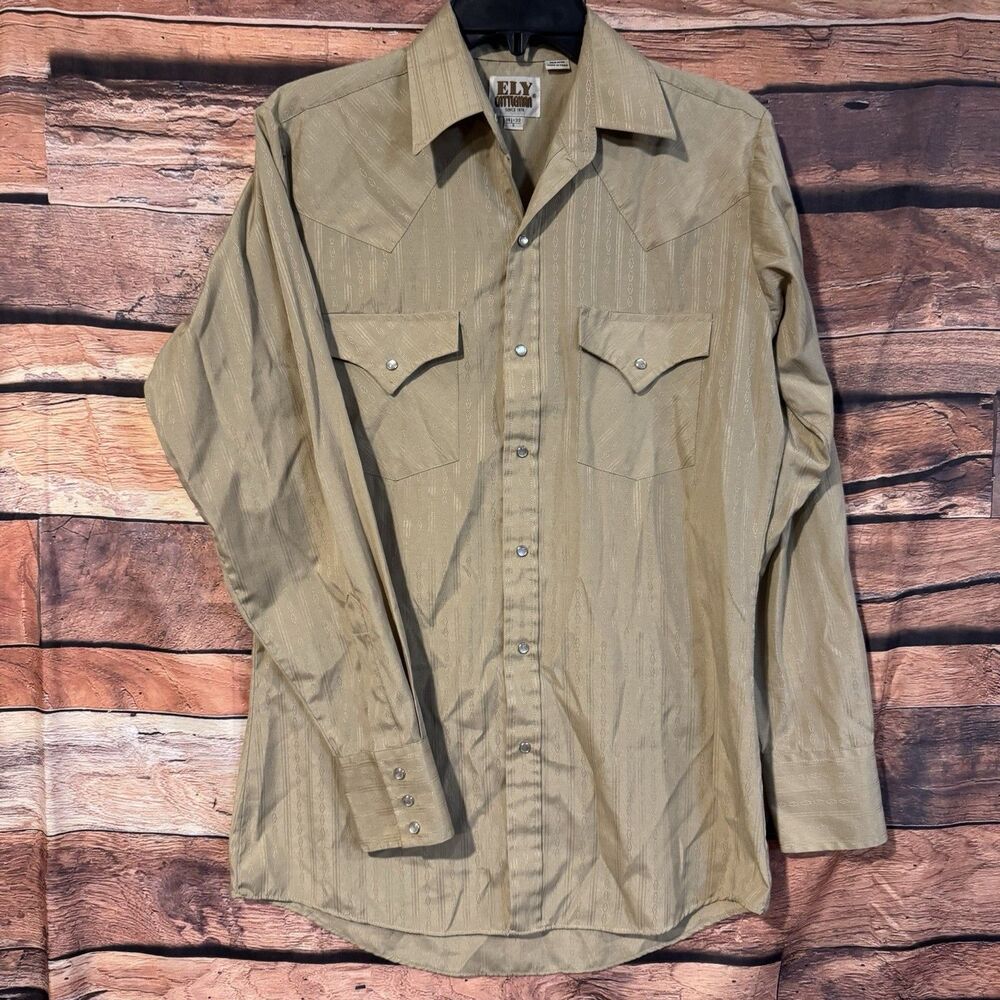 Ely Cattleman Western Shirt Mens Small 14.5 Tan Pearl Snap Long Sleeve Jacquard